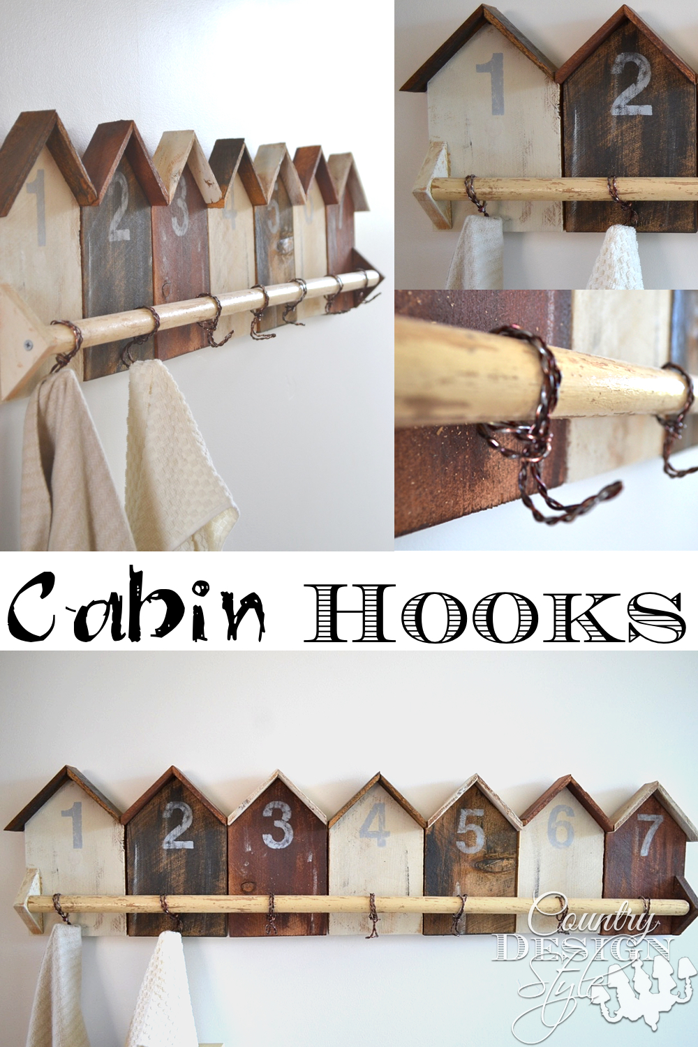 Welcoming guest to our cabin with a number and gift bag on cabin hooks. Easy cabin style DIY project. Country Design Style