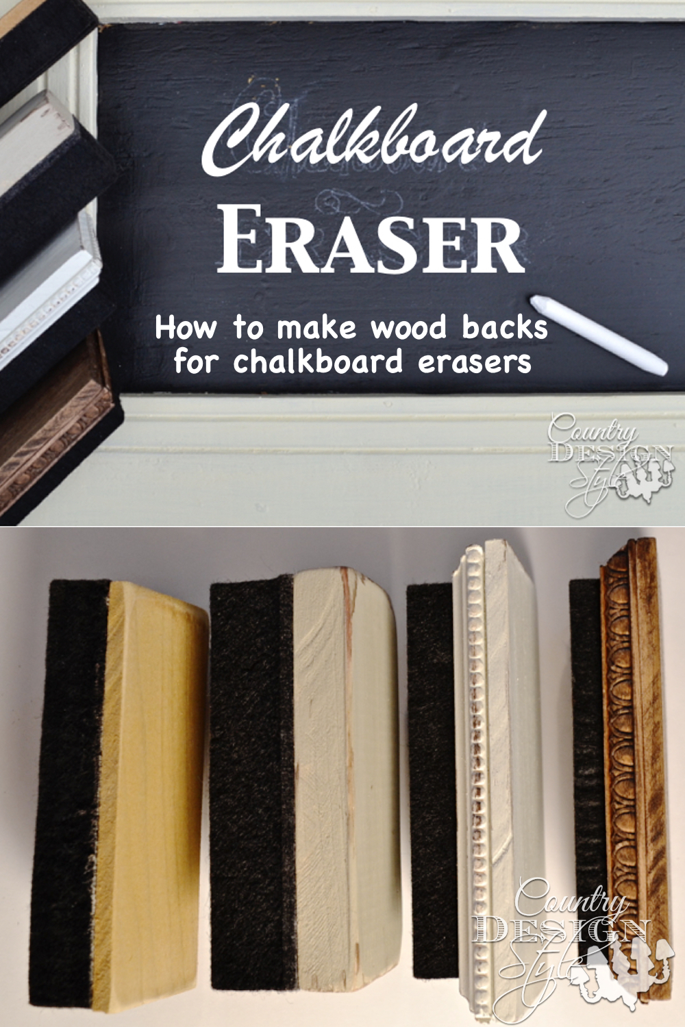 How to DIY your chalkboard eraser with vintage inspired wood back.  Country Design Style