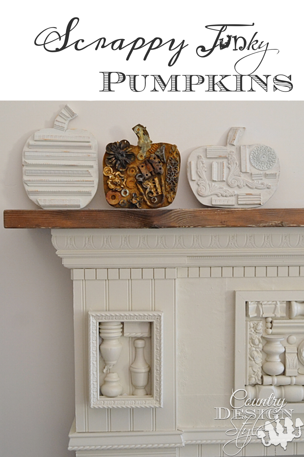 Scrappy Junky Pumpkins made from plywood cutouts and junk sitting on DIY fireplace mantel | countrydesignstyle.com
