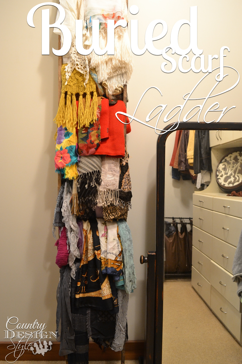 scarf ladder buried in scarves. Easy DIY project. Country Design Style