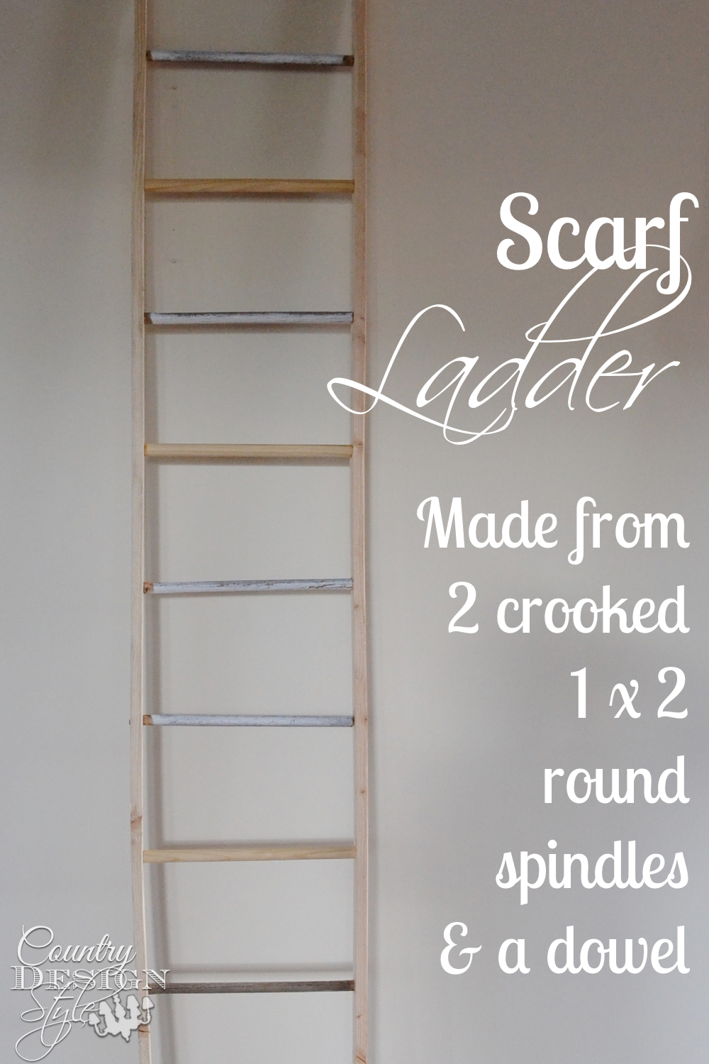Spindles from broken chairs are added between to 1 by 2 boards for a decorative ladder. Perfect for hanging wreaths. How to diy project details on the website. Country Design Style