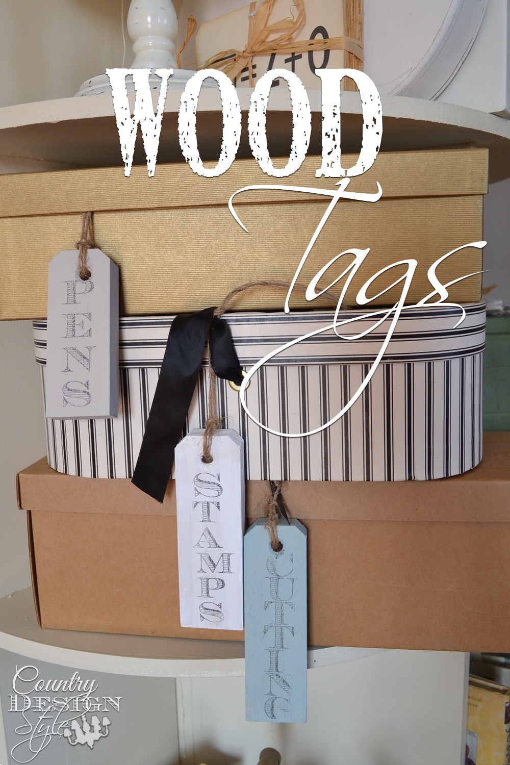 A simple solution to use up small pieces of wood leftover from DIY projects and help with organization!!  Wood tags ~ Country Design Style.
