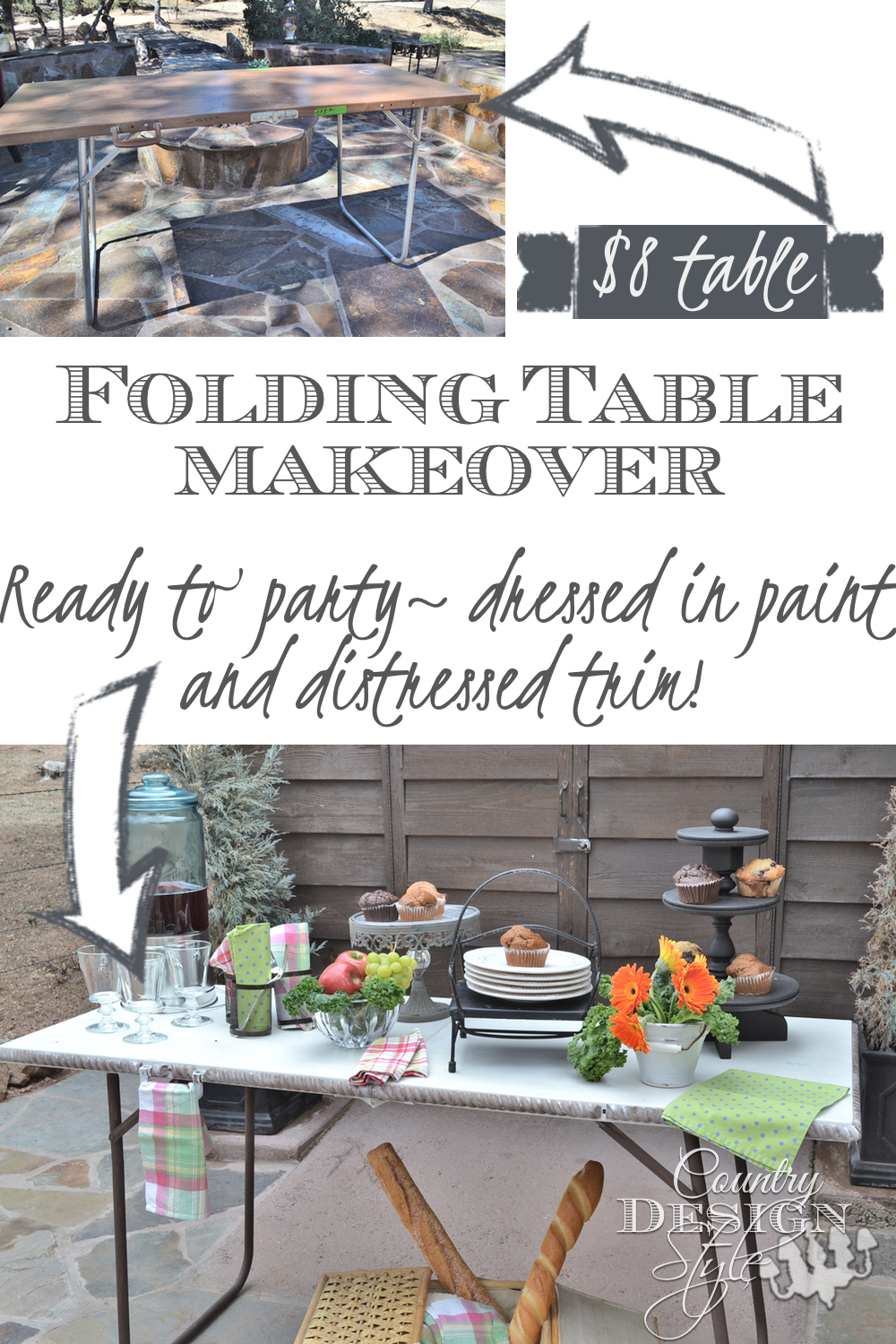 Folding table makeover, DIY painting with chalky paint added distress wood trim. Country Design Style