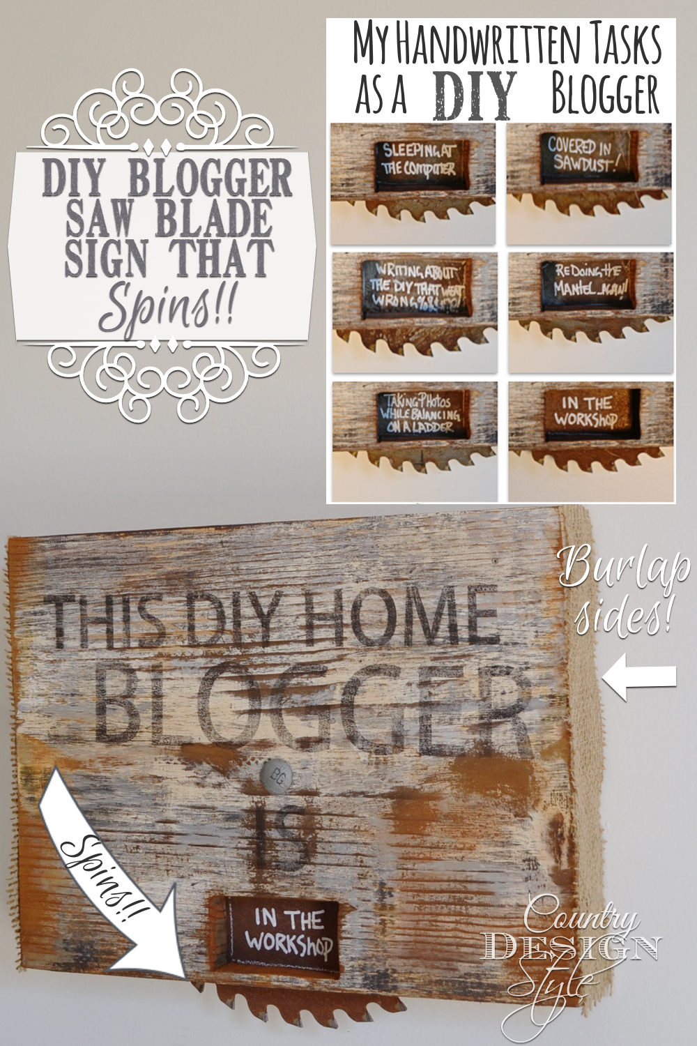 DIY blogger sign made from scrap wood and rusty junky saw blade. Plus is spins! Revealing tasks in the window. Burlap covers the edges. Country Design Style