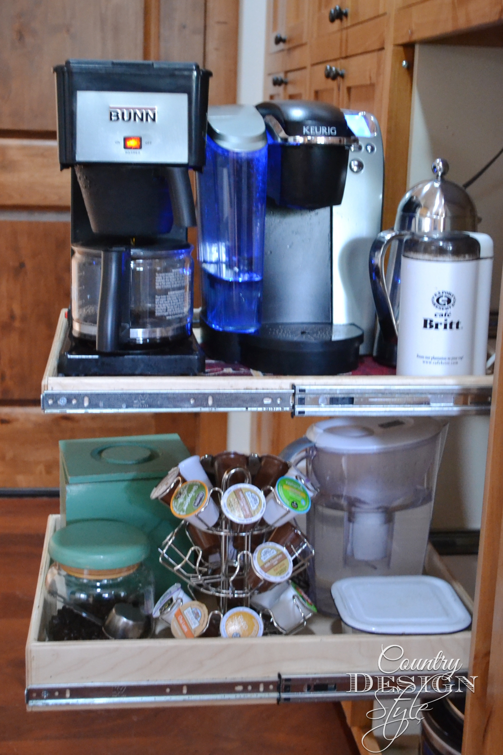 Coffee station in a cabinet. Everything slides in and cabinet door close when the coffee shakes start!!! :) Country Design Style
