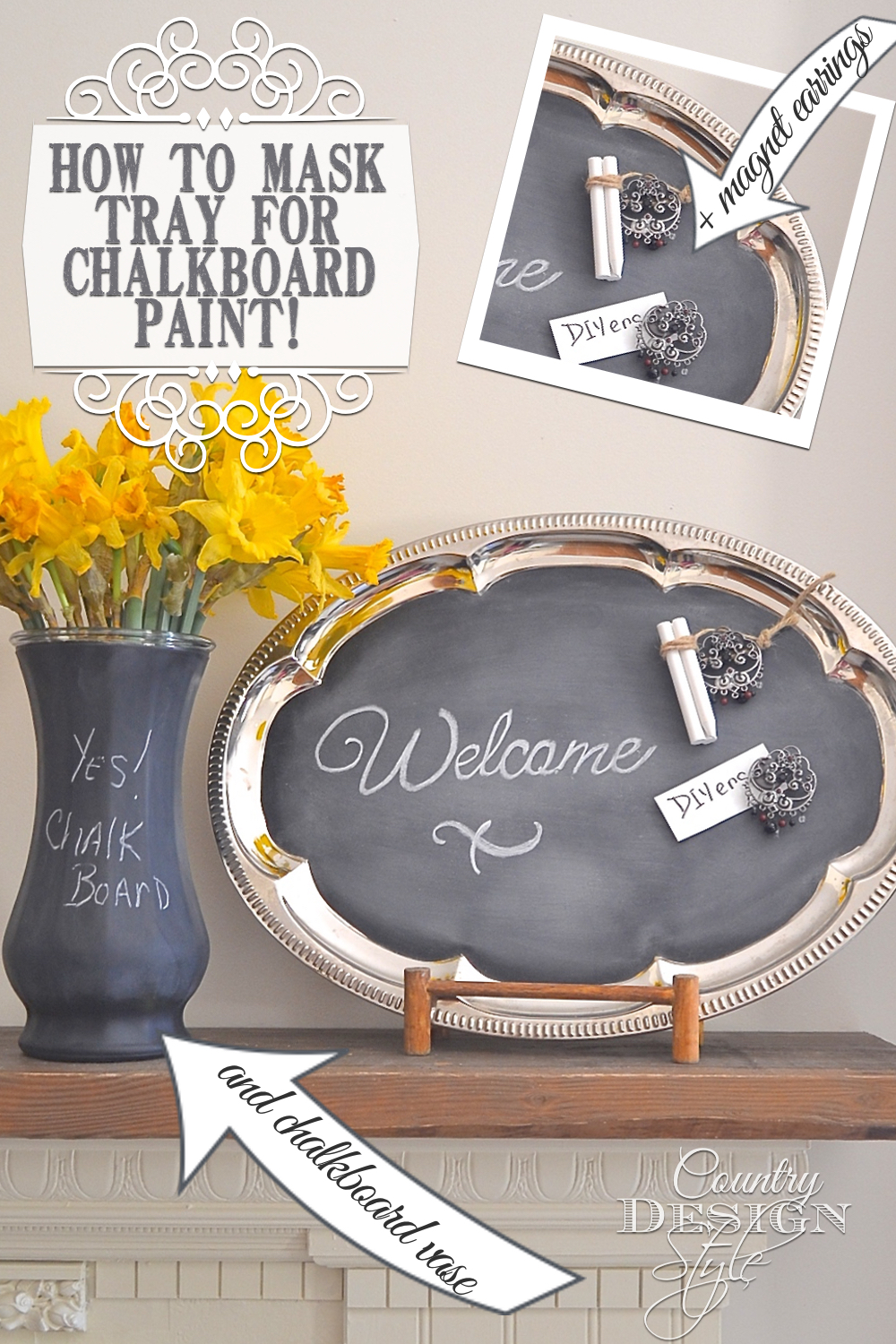 How to mask a thrift store metal tray for spraying with chalkboard paint. {or how I do it!}  Plus more thrifty tips.  Country Design Style
