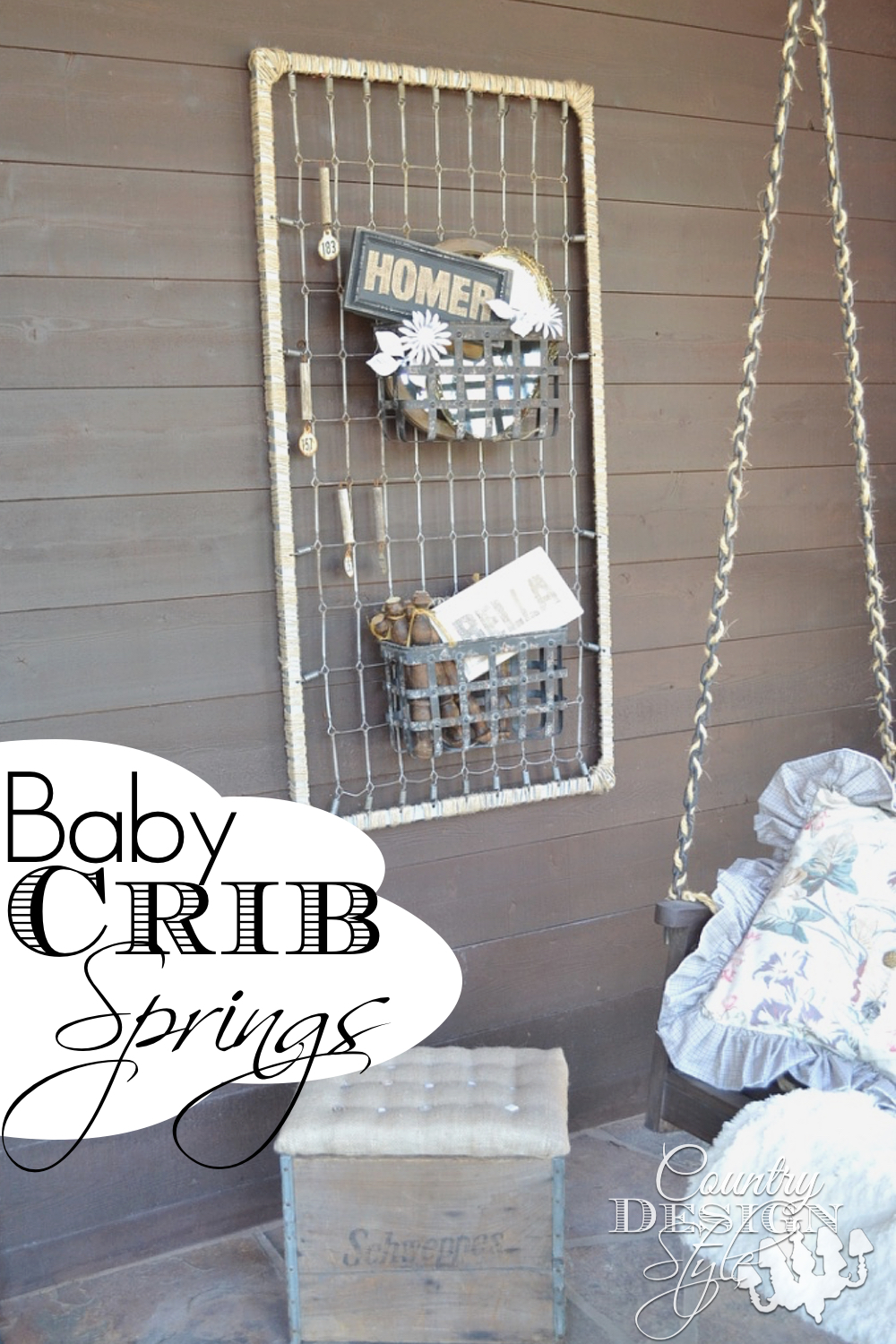 Turning our front porch to rustic farmhouse style with baby crib springs, rustic crate ottoman and rope chains. Country Design Style