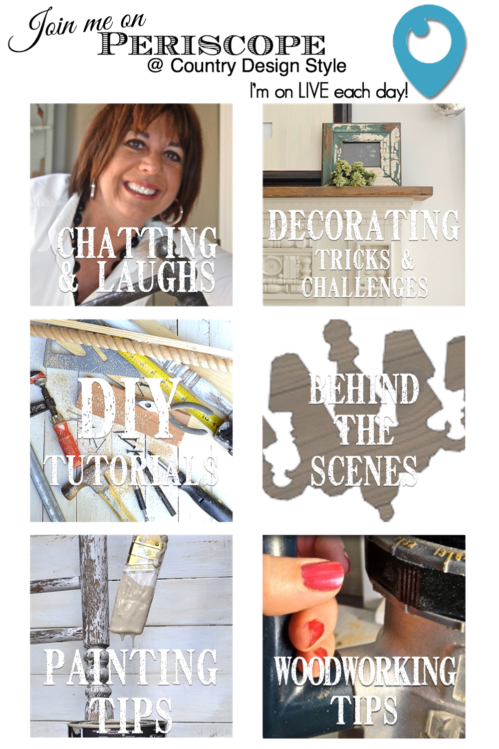 Periscope Live chats. Come join the fun and creativity live daily. Country Design Style
