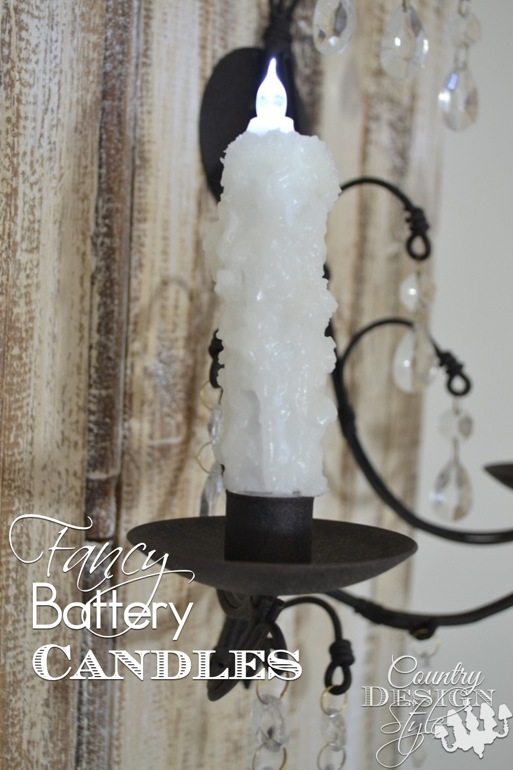 How to make inexpensive battery candles "fancy!" I add melted wax to battery candles for an elegant look. Great DIY decor for farmhouse, cottage or cabin style. Fun for parties, events, and celebrations Country Design Style www.countrydesignstyle.com