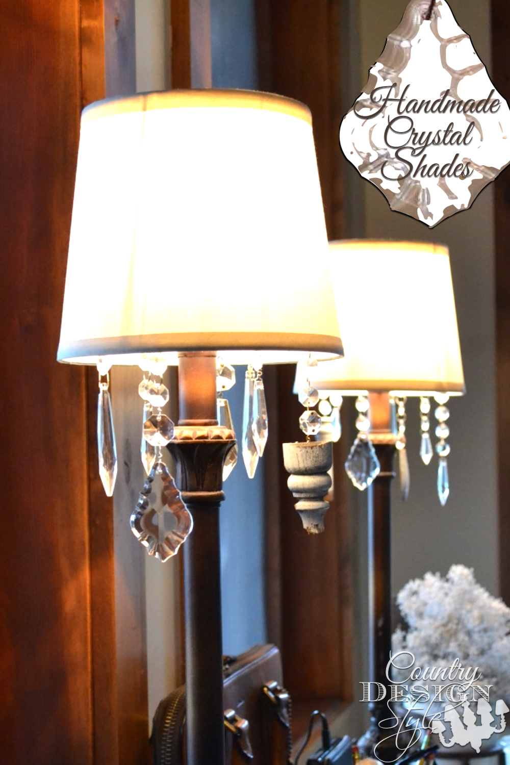 Easy trick to add hanging crystals to basic inexpensive lamp shades. Country Design Style