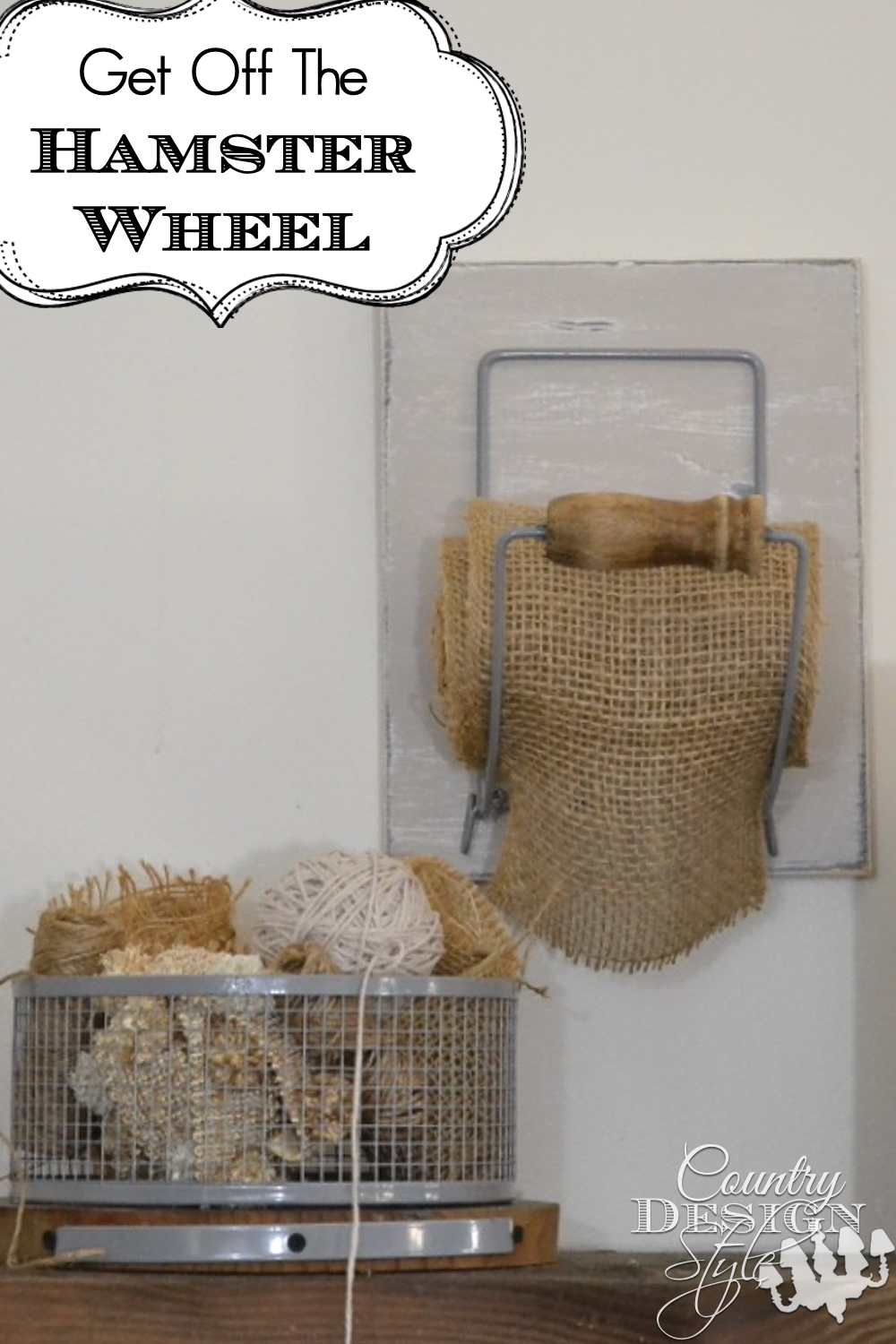 Hamster wheel turns into a wire basket and wheel holder now holds burlap ribbon. Unique DIY project. Country design Style
