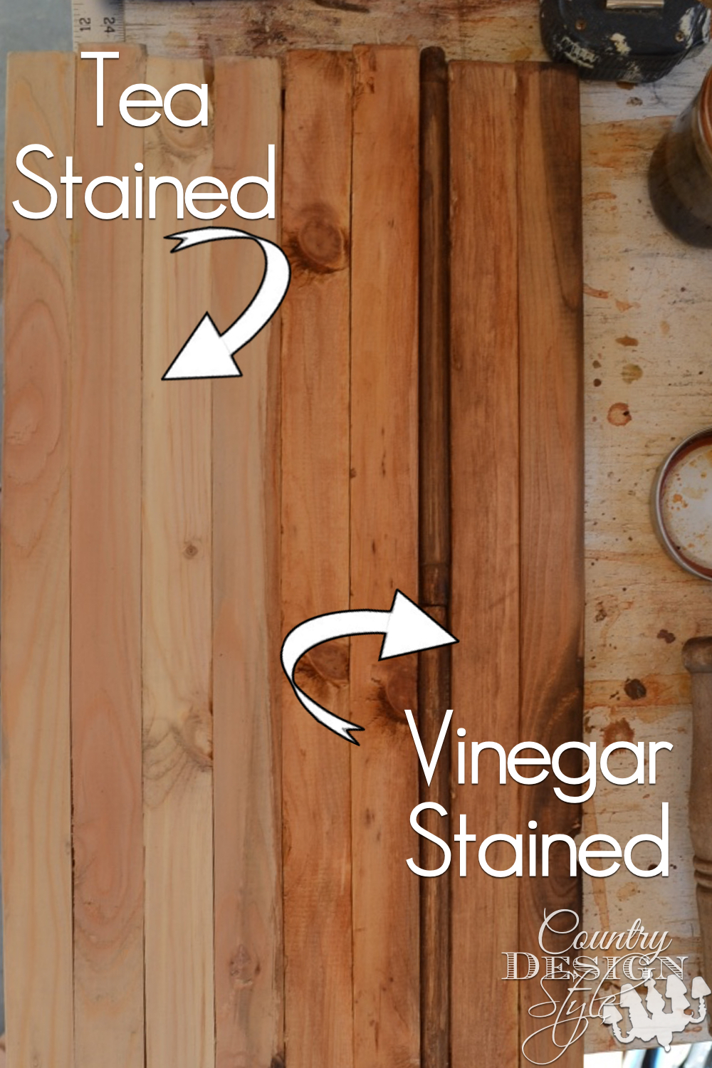 Have you tried tea and "ironed" vinegar staining to age wood yet? So simple. Gives a rustic style to your DIY projects. Click to see this one finished. Country Design Style
