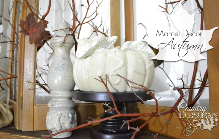 Mantel decor for fall using burlap old shutters rusty leaves and painted pumpkins www.countrydesignstyle.com