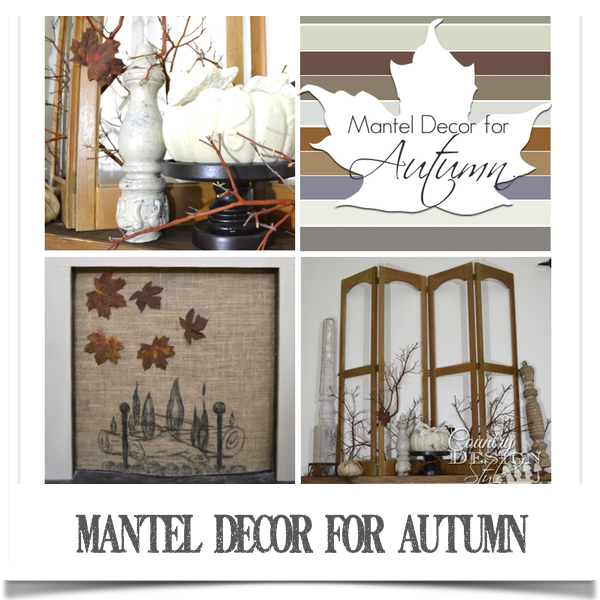 Mantel decor for autumn with burlap old shutters vintage spindles and painted pumpkins www.countrydesignstyle.com