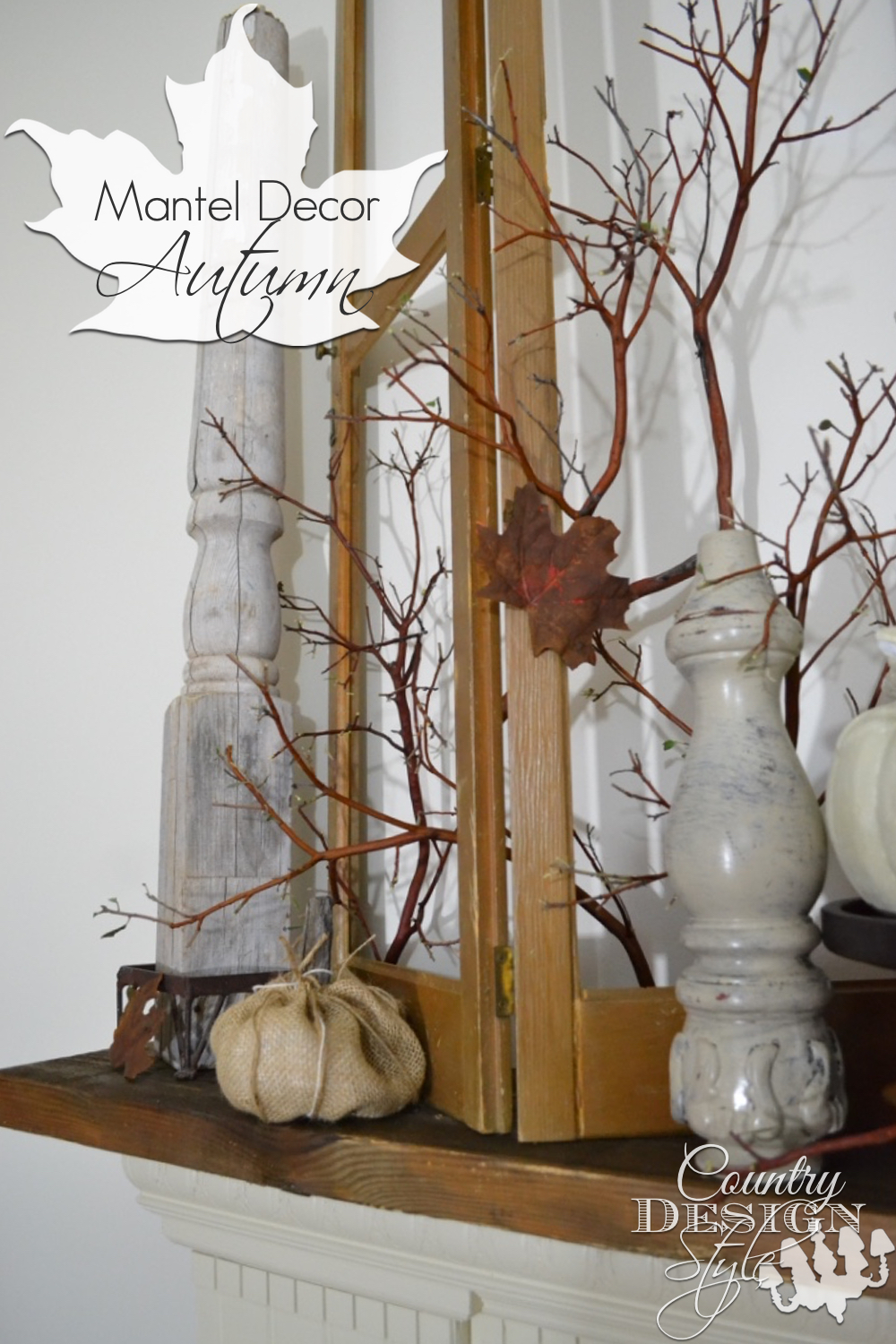 Mantel decor for autumn with burlap old shutters vintage spindles and painted pumpkins www.countrydesignstyle.com