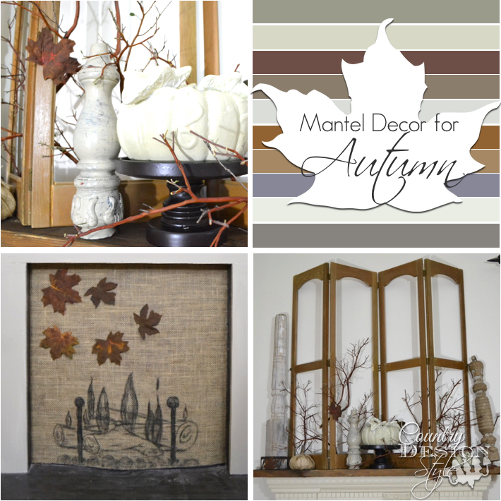 Mantel decor for fall using burlap old shutters rusty leaves and painted pumpkins www.countrydesignstyle.com