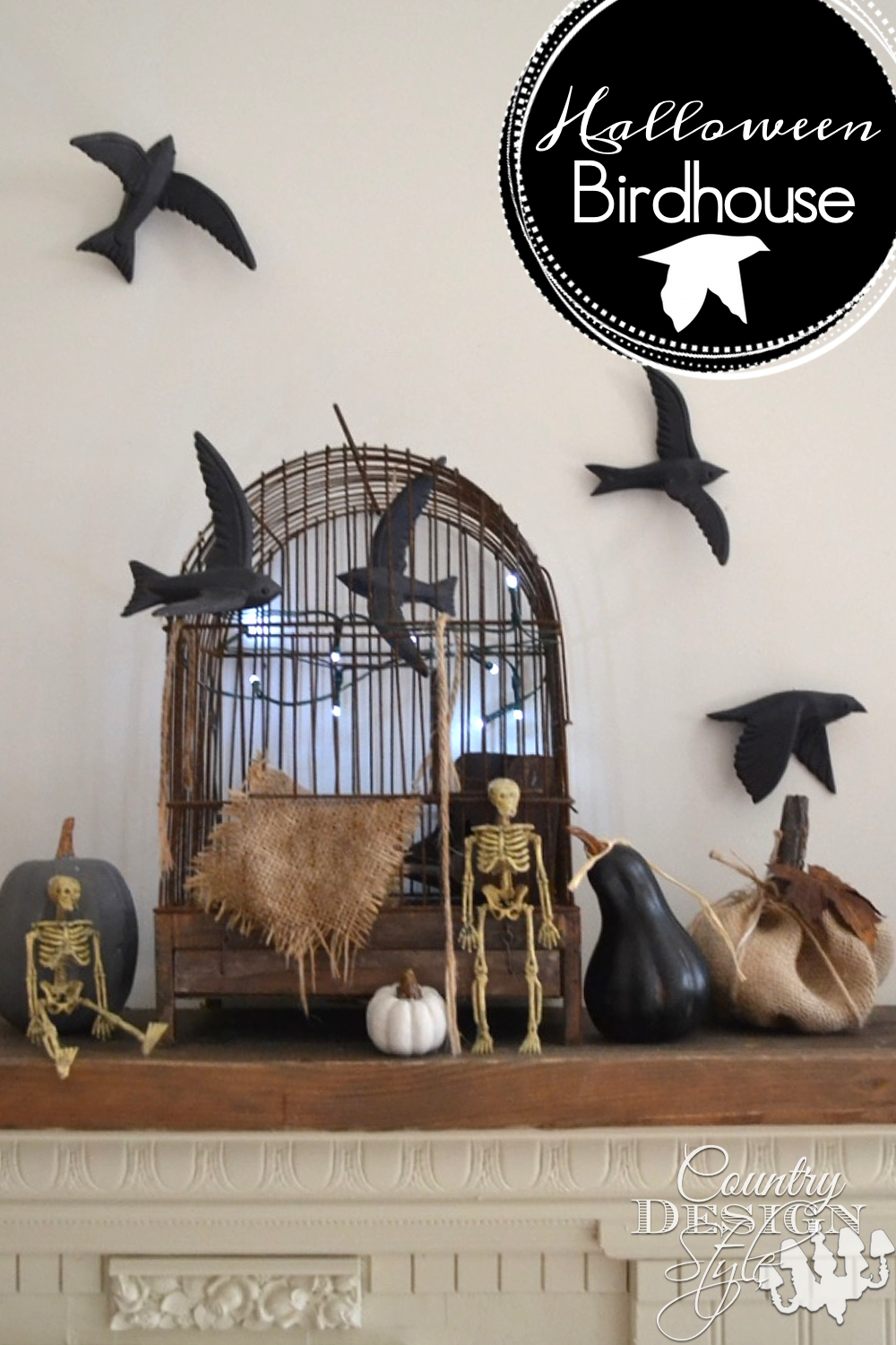 Halloween Birdhouse with holiday lights, pumpkins, black birds, burlap, twine, rusty leaves and burlap pumpkin | countrydesignstyle.com