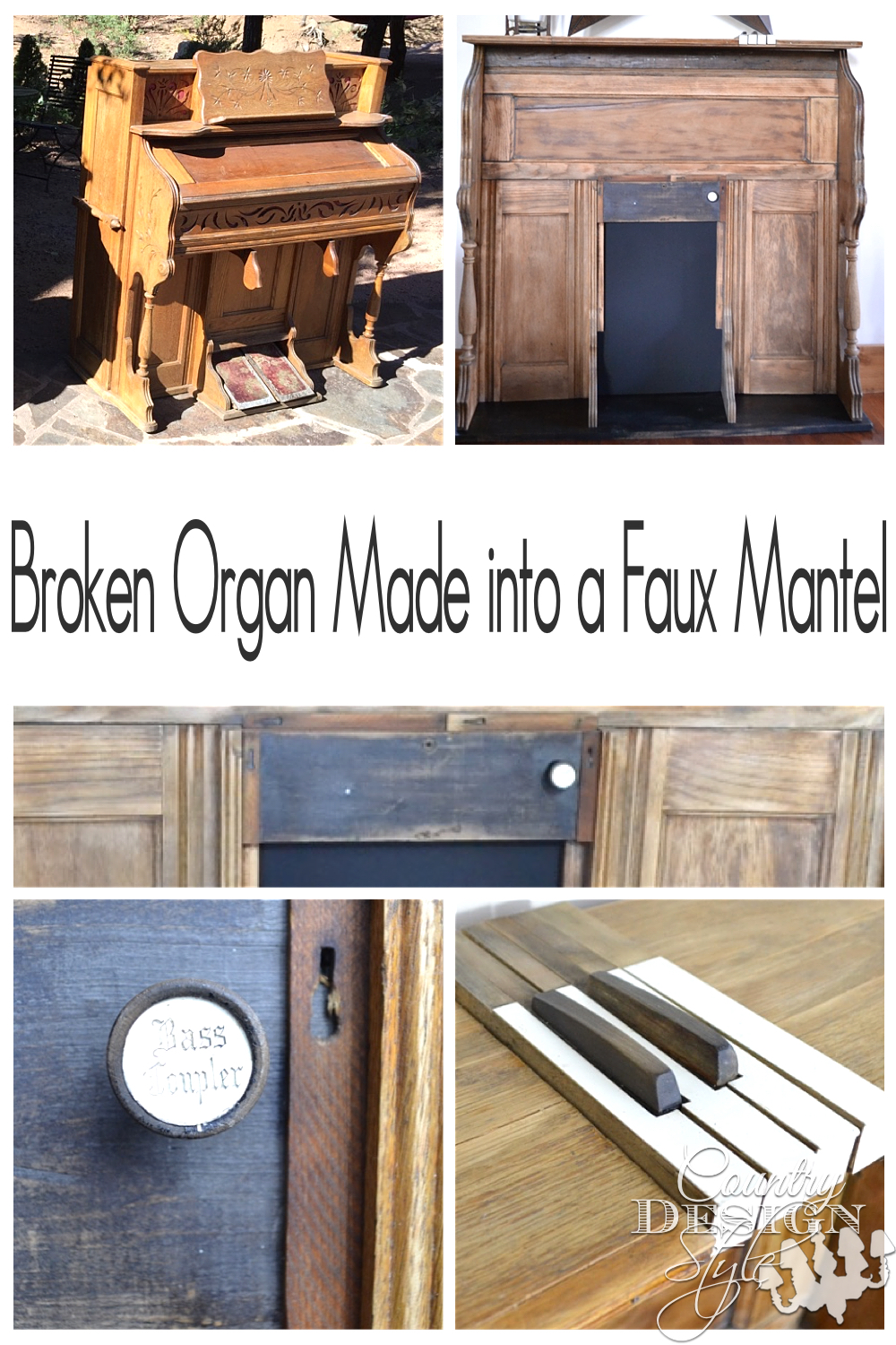 The Details of added organ pieces into a faux mantel. Organ remade into faux mantel with tutorial for inserting piano keys into top. | countrydesignstyle.com 