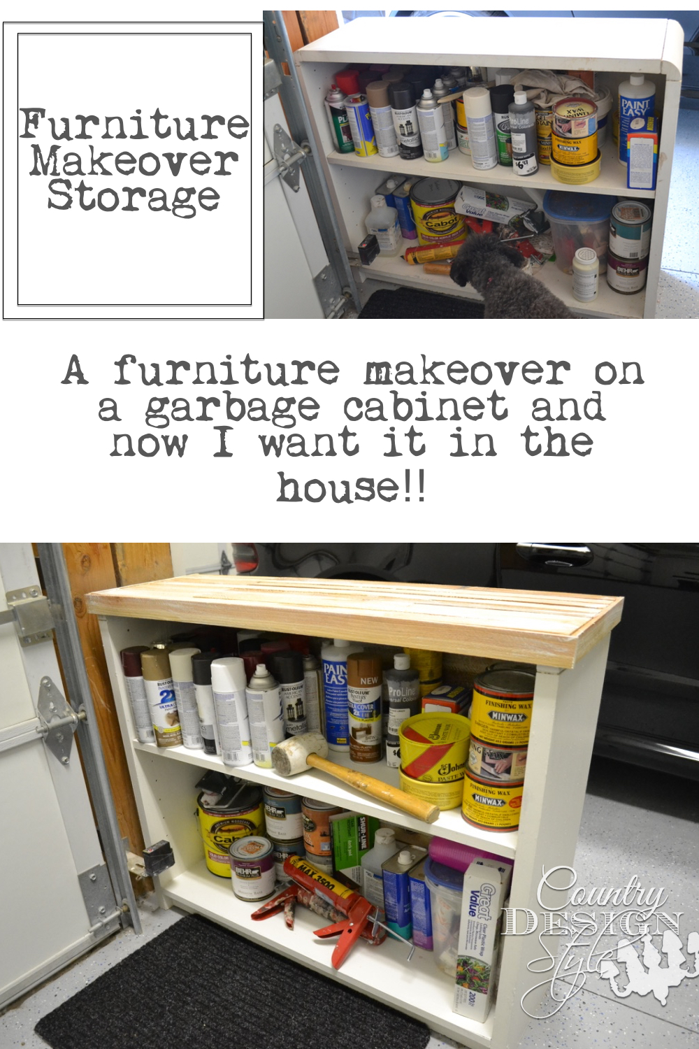 Furniture makeover of garage storage cabinet with added easy planking and fresh coat of paint. Dry brushing on planking. | countrydesignstyle.com