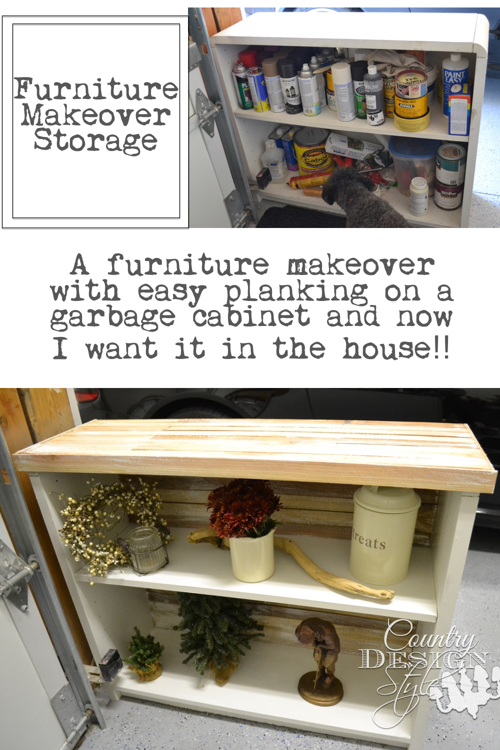 Furniture makeover of garage storage cabinet with added easy planking and fresh coat of paint. Dry brushing on planking. | countrydesignstyle.com