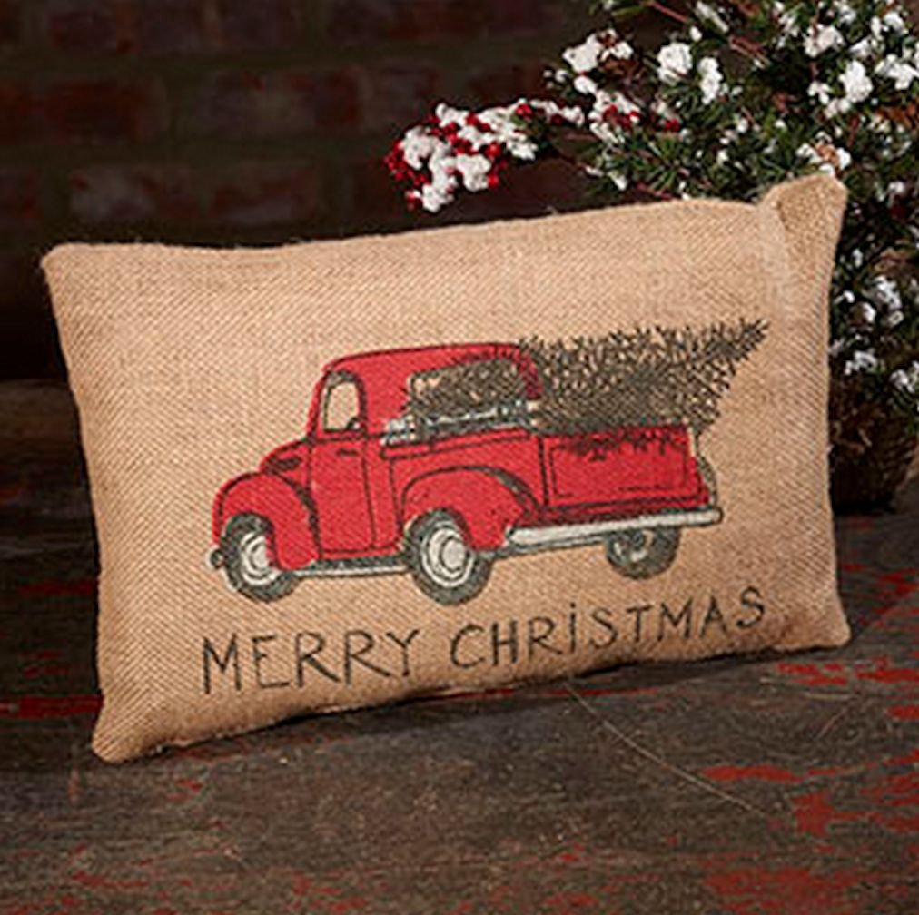 Red Pickup with Christmas tree