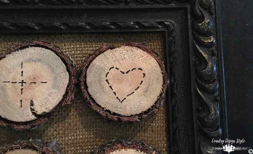 Valentines Morse code obsession in wood slices close up | Country Design Style | countrydesignstyle.com