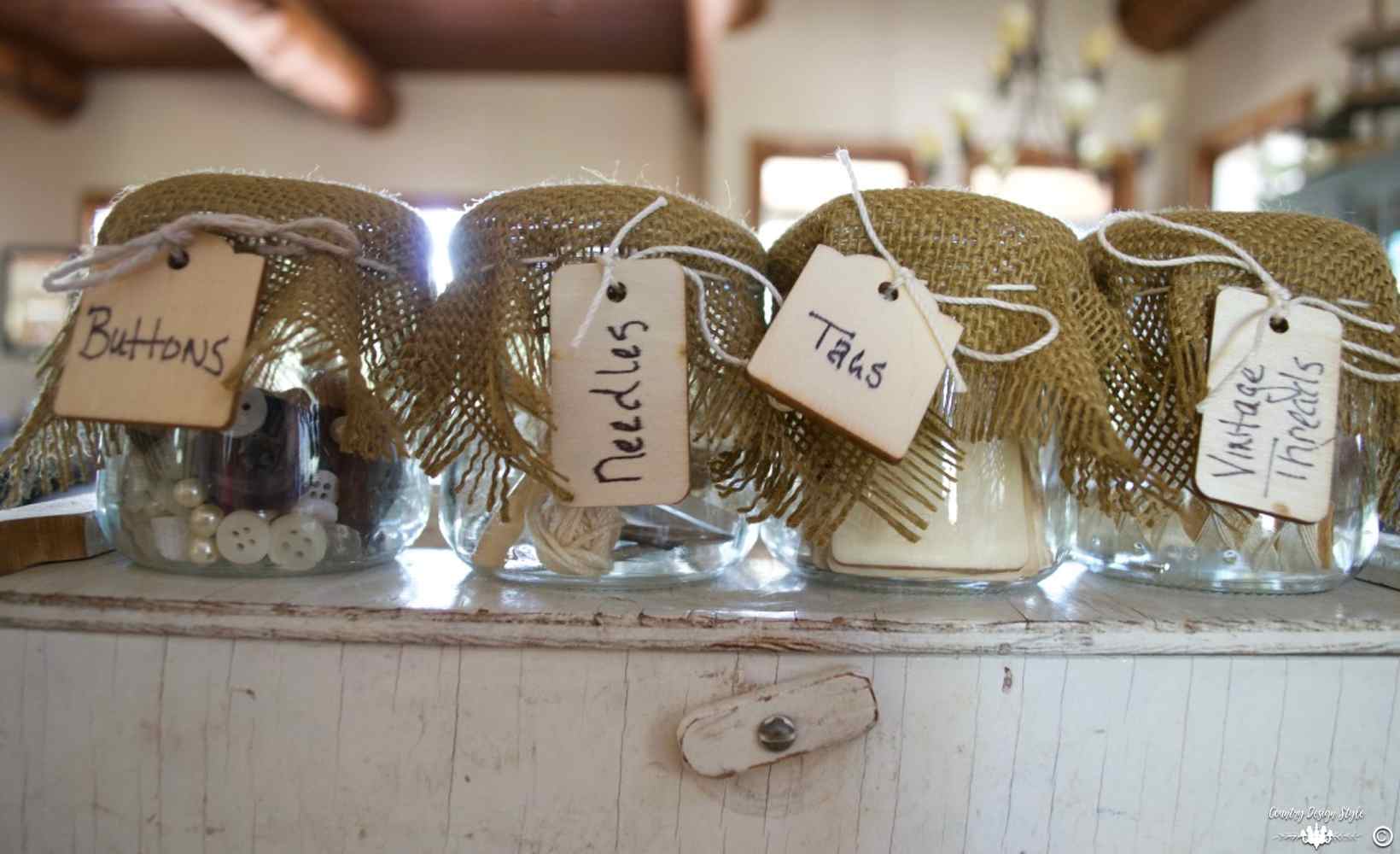 Craft Containers Organizing small items burlap covered jars | Country Design Style | countrydesignstyle.com