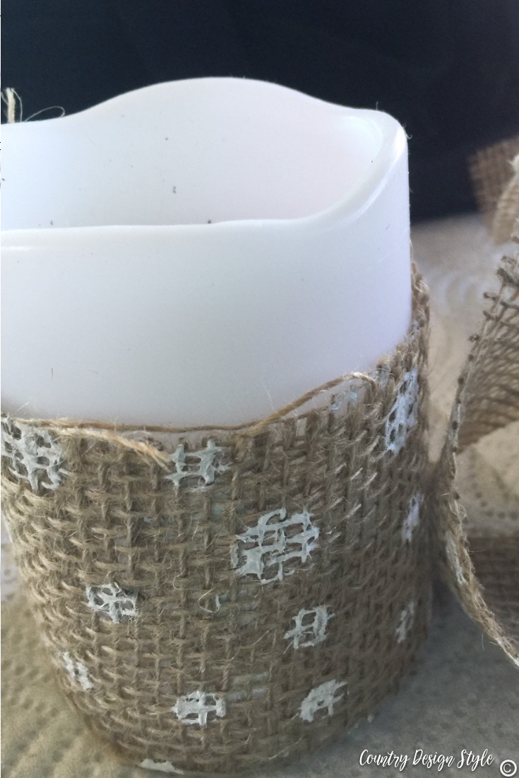 Dollar store candle and burlap ribbon | Country Design Style | countrydesignstyle.com
