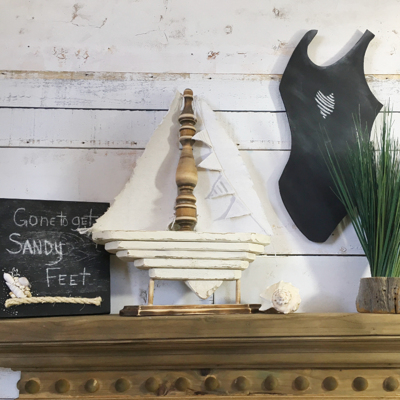 Nautical display on the mantel with chalkboard swimsuit