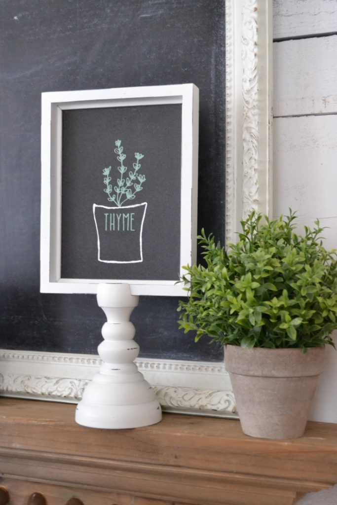 A chalkboard sign on a pillar with herb thyme.