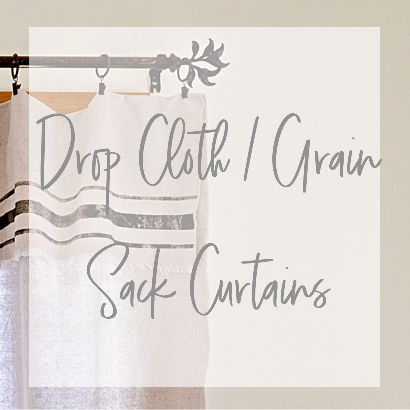 square image of drop cloth curtains with text overlay